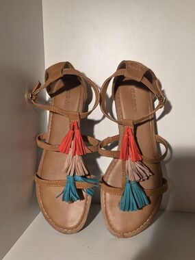 Old Navy Tan Tassel Strappy Sandals with Multicolor Tassels Size 7